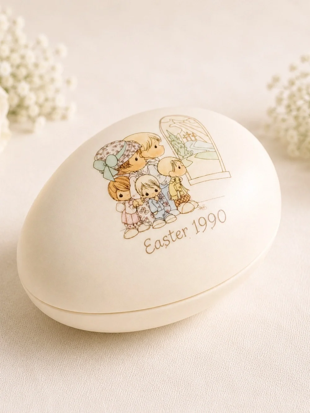 1990 Precious Moments Bisque Porcelain Egg Trinket Jewelry Box Rare Find New